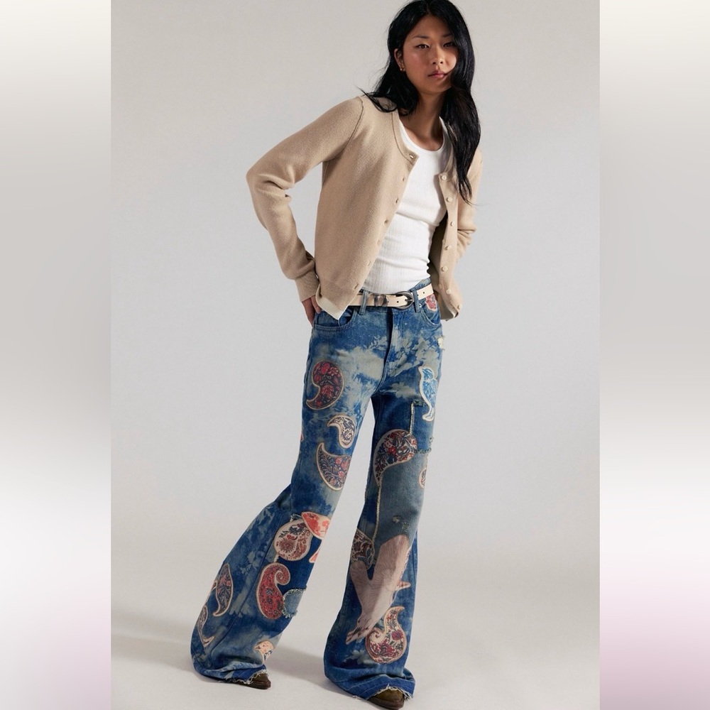 Free People Flying High Patched Jeans We The Free Embroidered Free Birds 29 NWT - Picture 2 of 11